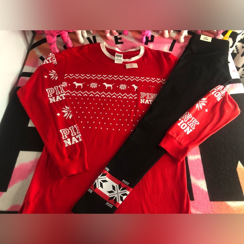 2017 Nwt Pink Nation Holiday Long Sleeve T-shirt and Matching Yoga Leggings Set